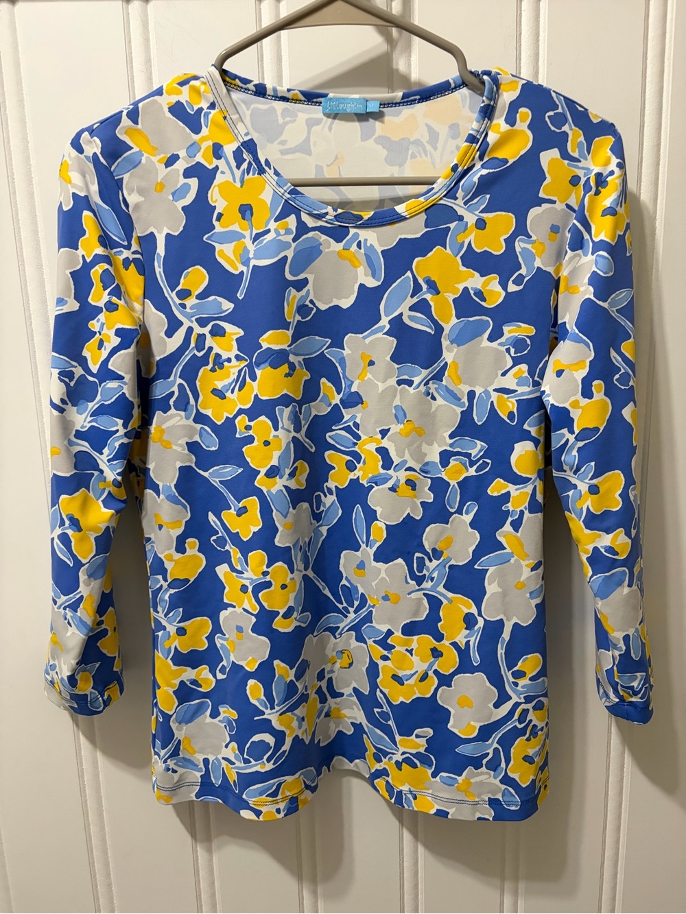 J.McLaughlin Floral Top Blue Yellow 3/4 Sleeve Stretch Knit Medium - Picture 2 of 7